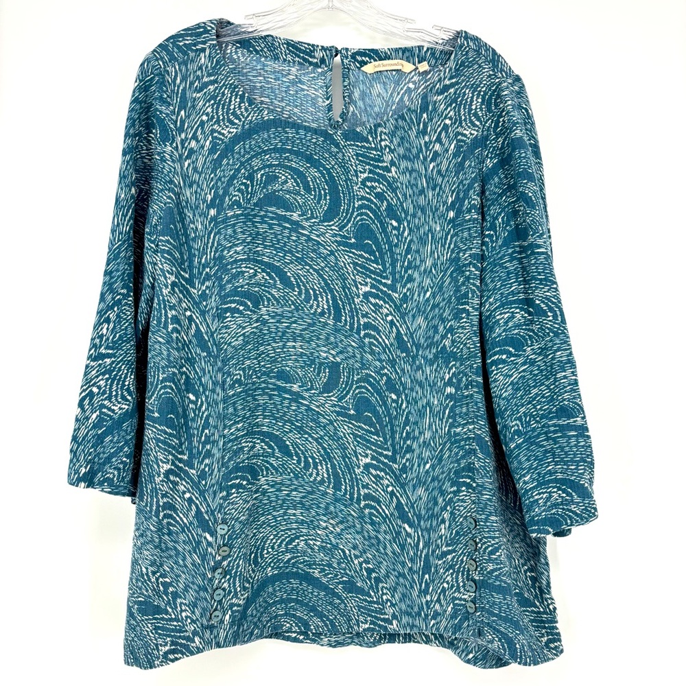 Soft Surroundings Teal Abstract Blouse  Large Casual Coastal Grandma  3/4 Sleeve